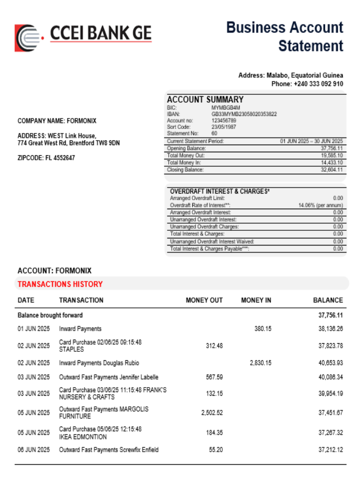 Relevé de compte de société commerciale CCEI Banque Format Word et PDF